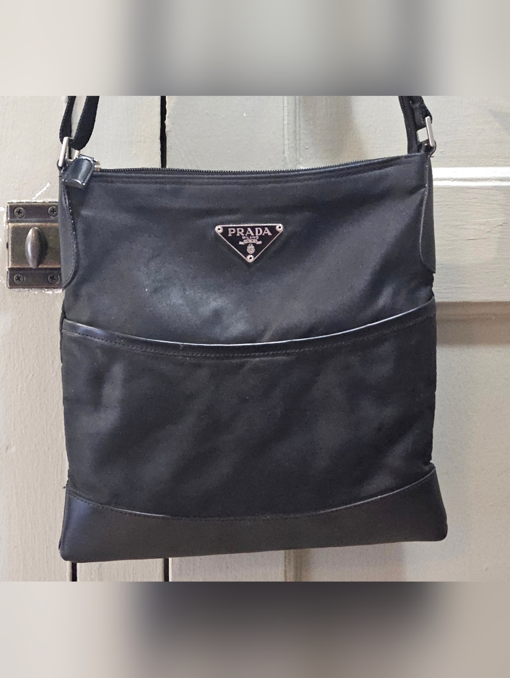 Prada Black Nylon Messenger Bag w/ Triangle Prada Logo